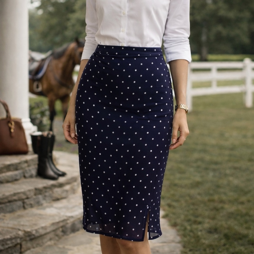 Ralph Lauren Navy Polka-Dot 90's Vintage Skirt - 12
